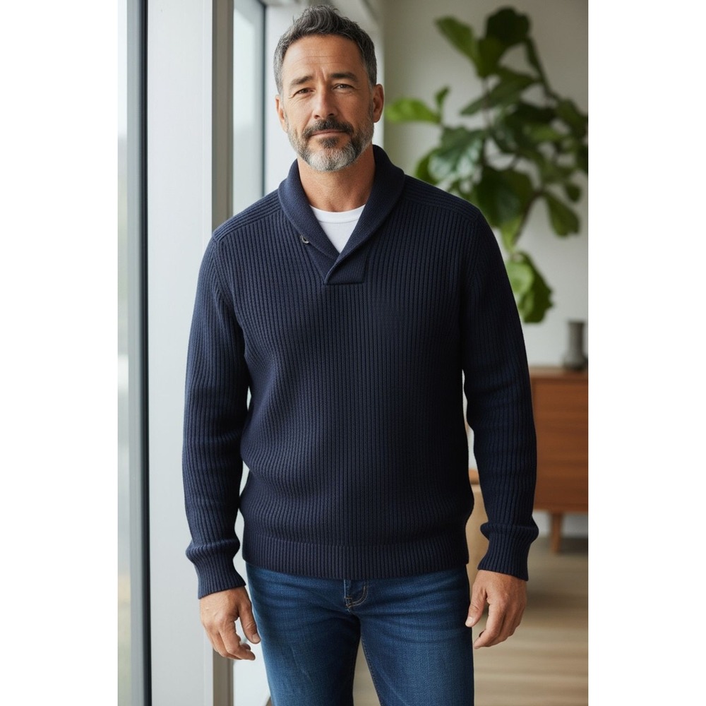 American Eagle Men's Shawl Collar Sweater Blue Pullover Size L timeless capsule
